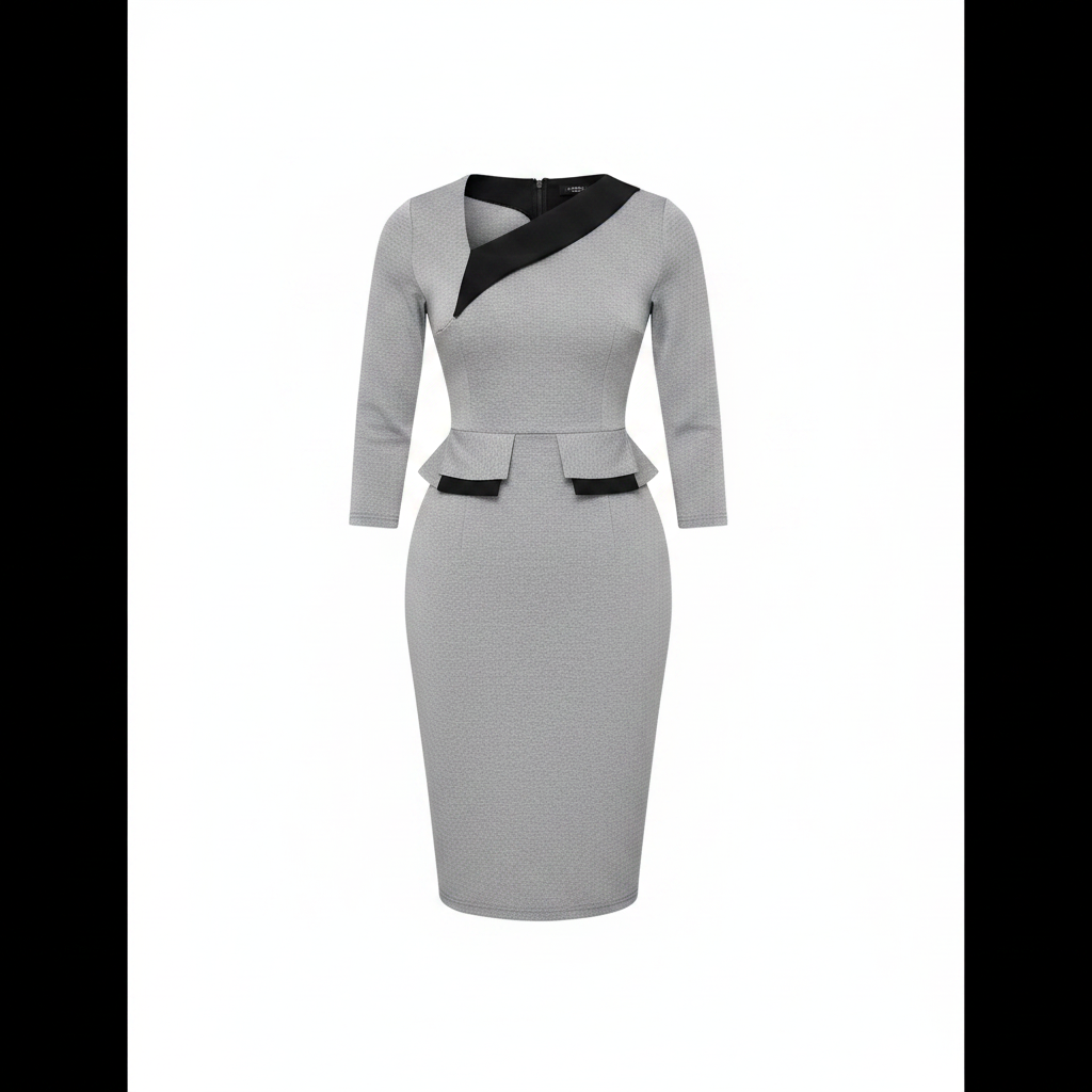 Ghost mannequin view of women's grey and black colour-block peplum bodycon midi dress