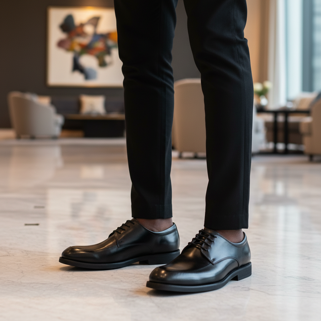 Nigerian male model wearing Clarks all-black polished leather apron toe Derby shoes, tight zoomed-in boardroom-luxury leg focus lifestyle shot