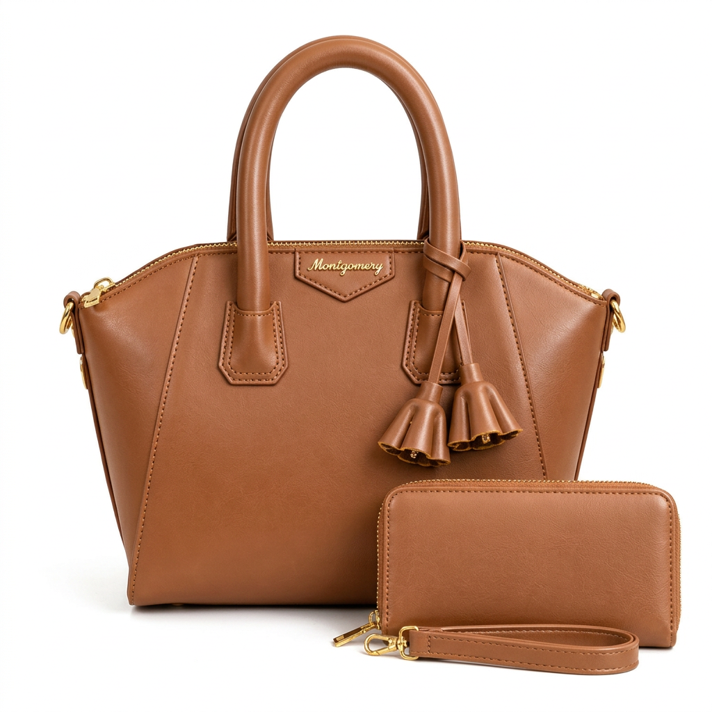 Tan brown twin-handle handbag with tassel details pictured with matching zip wristlet