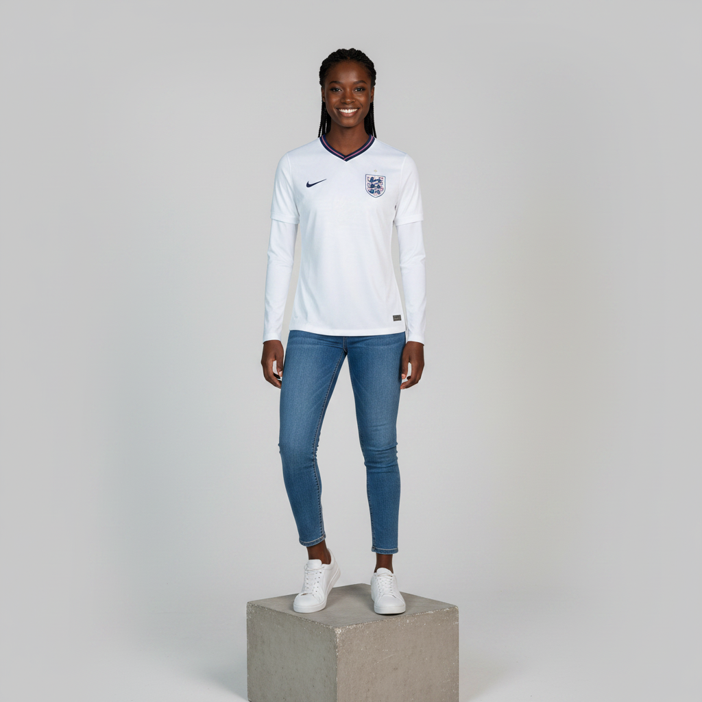 Nigerian female model wearing white long sleeve home football jersey on concrete plinth
