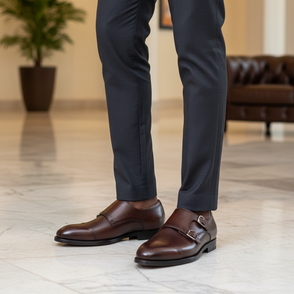 Nigerian male model wearing dark chocolate brown polished leather double monk strap dress shoes, tight zoomed-in boardroom-luxury leg focus lifestyle shot