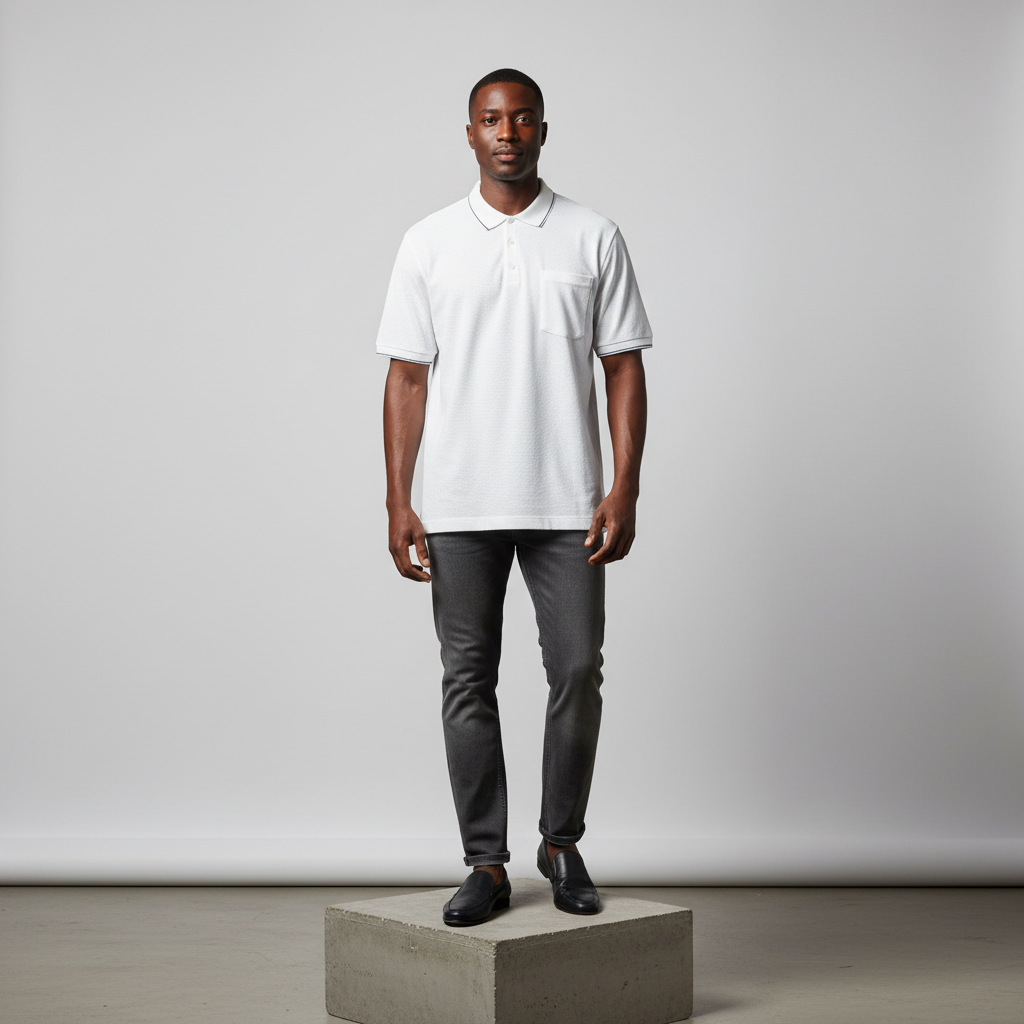 White Textured Piqué Navy-Tipped Polo Shirt - Model Front