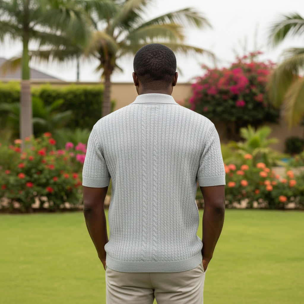 Cable Knit Polo Shirt – Nigerian male model back view