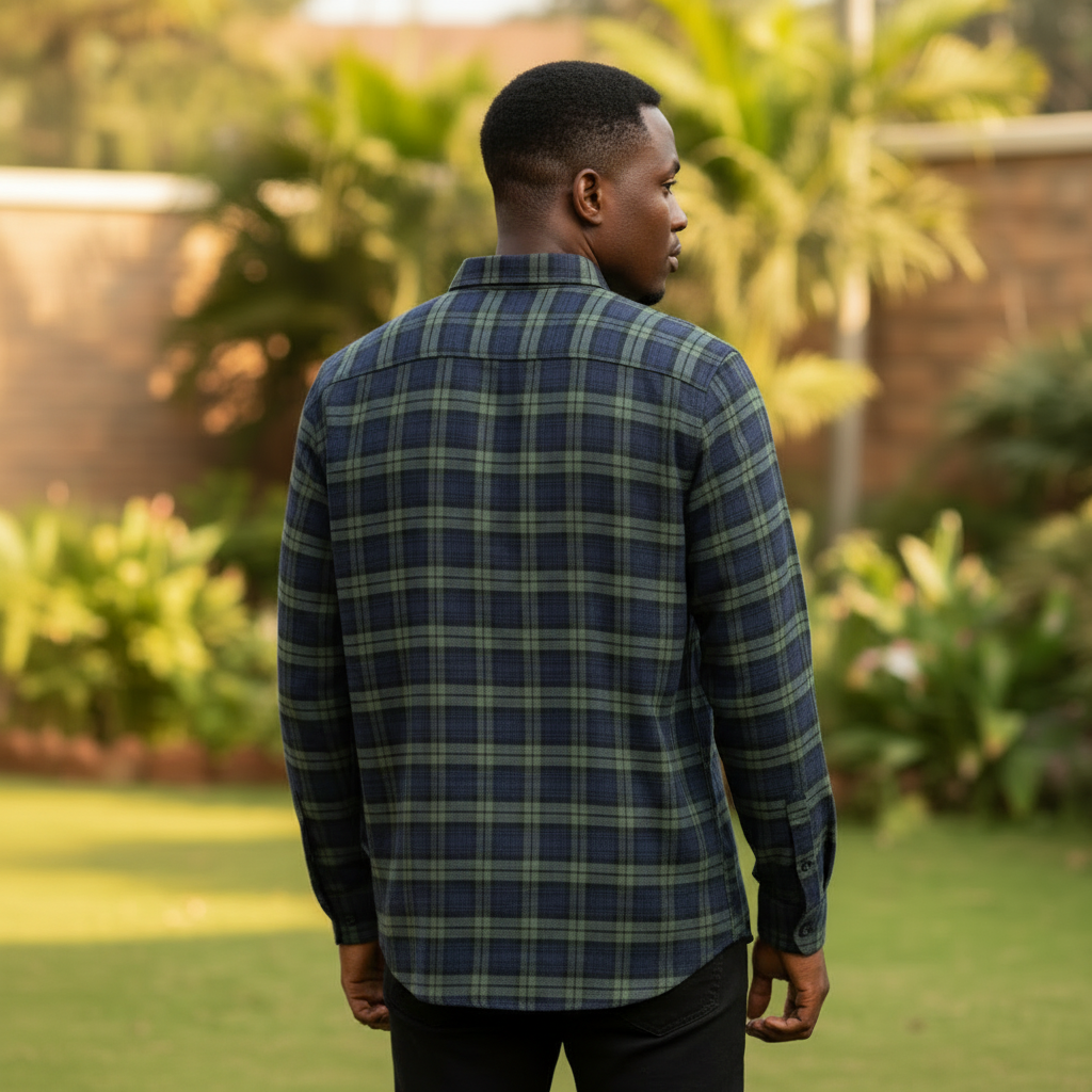 Nigerian male model wearing Navy Olive Plaid Long Sleeve Shirt back view