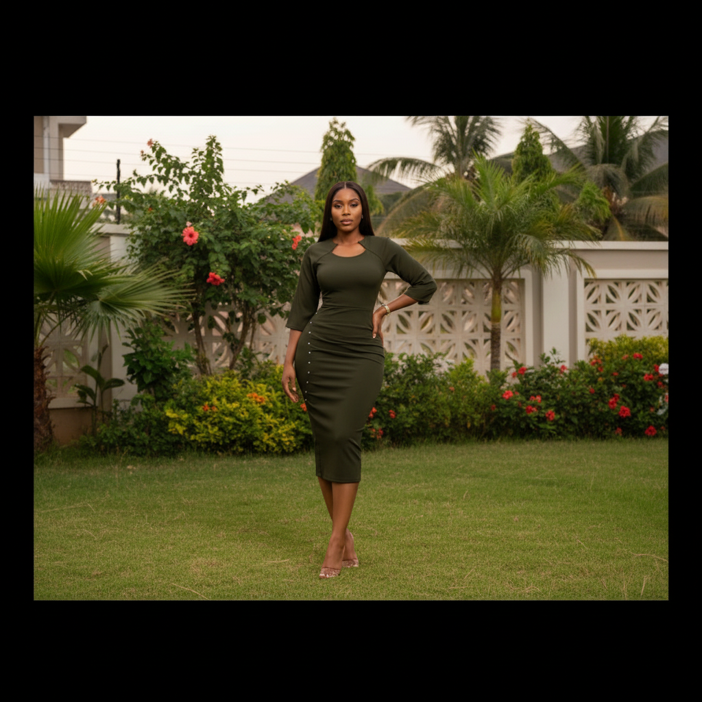 Women's Olive Green Keyhole Ruched Stud-Button Midi Dress – Nigerian Female Model Shot
