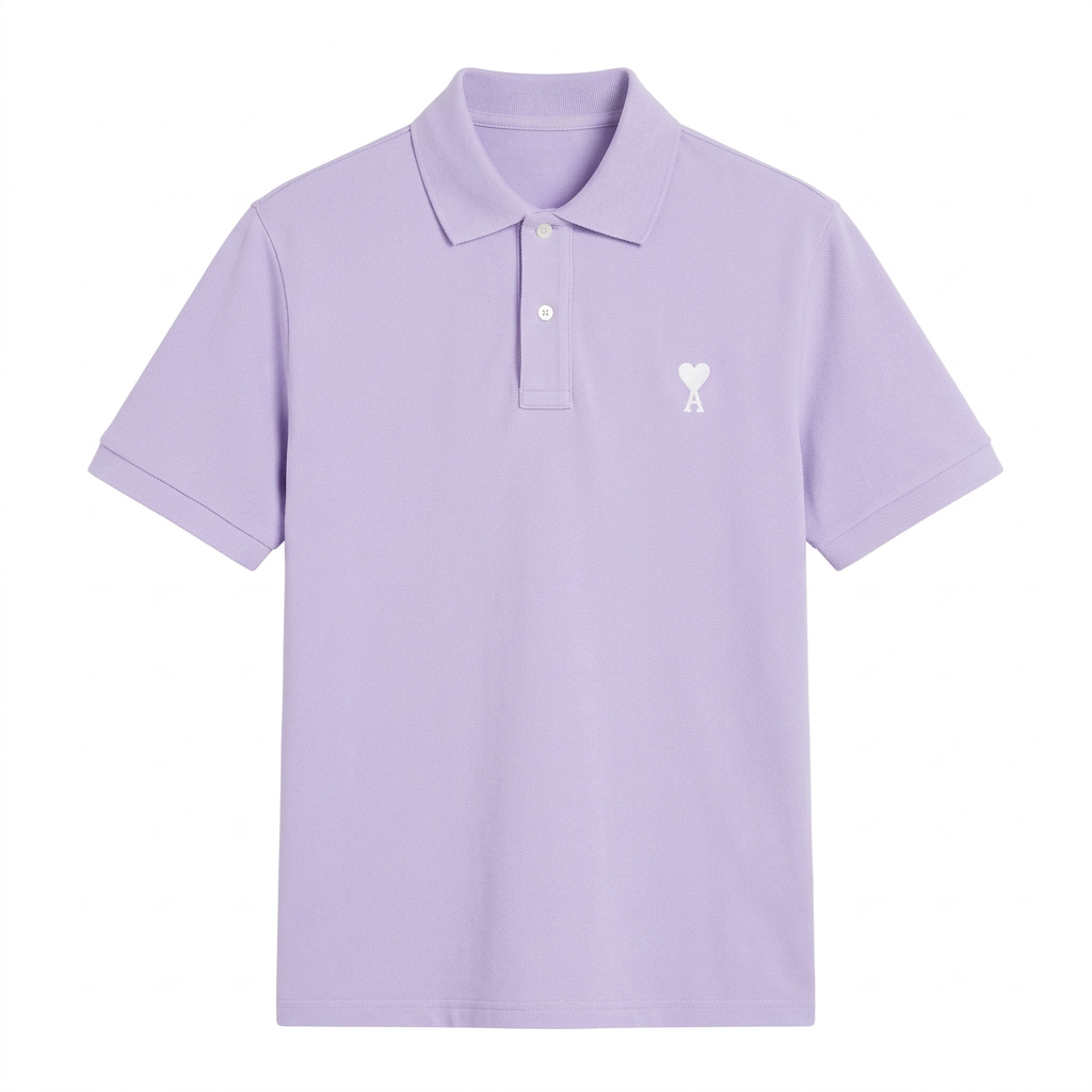 Lilac short-sleeve collared polo with white buttons and a small white heart-and-letter chest detail
