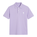 Lilac short-sleeve collared polo with white buttons and a small white heart-and-letter chest detail