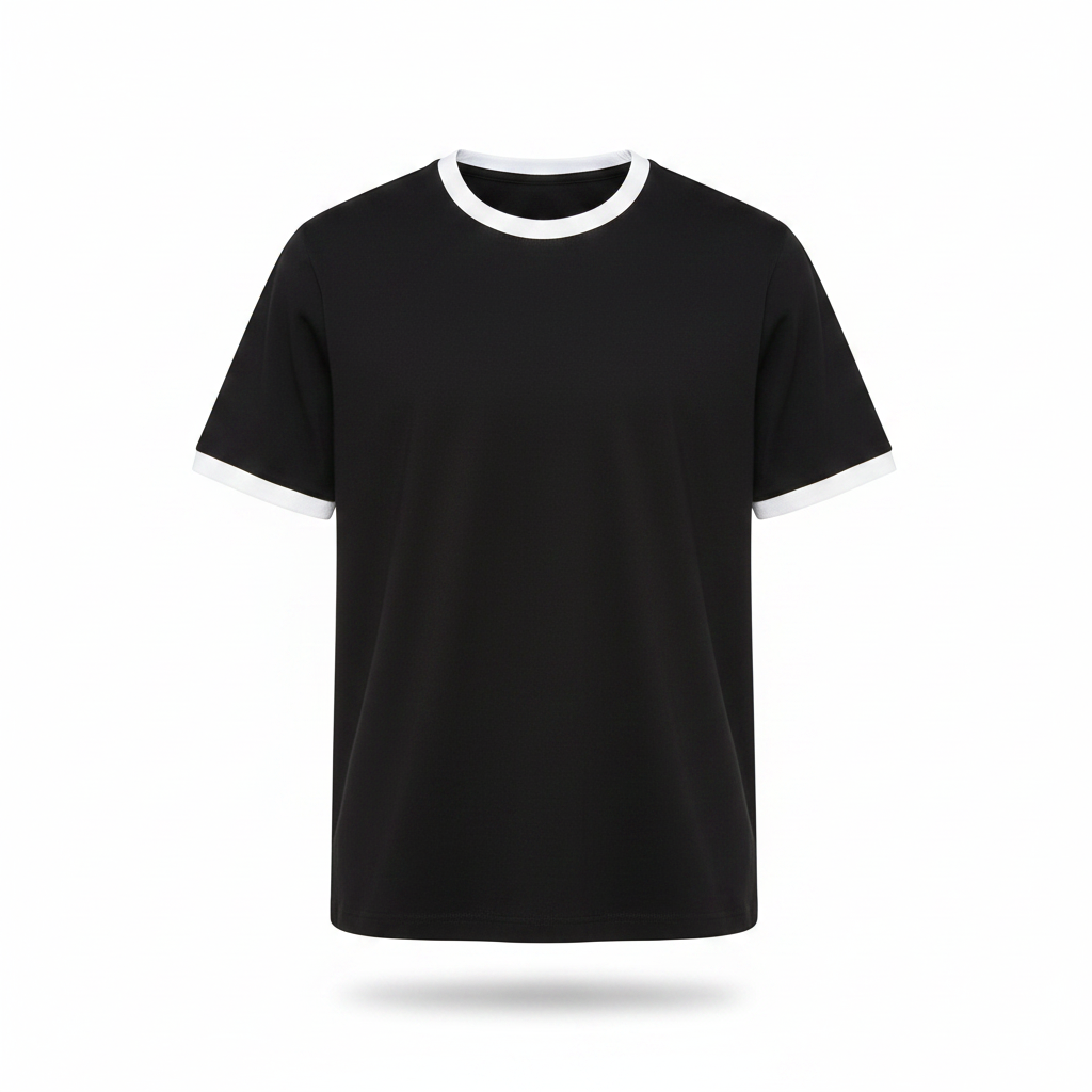 Men's black ringer crew-neck t-shirt with white contrast trim on neckline and cuffs, ghost mannequin front view