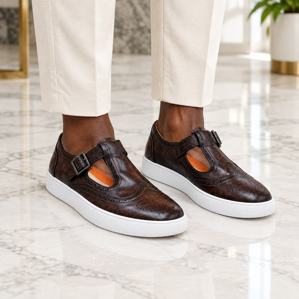 Man wearing dark brown leather T-bar brogue sneakers