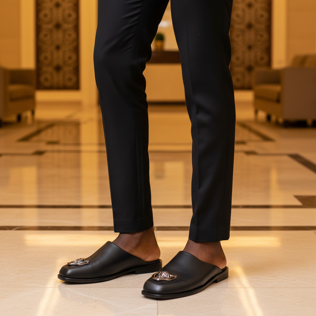 Nigerian male model wearing black leather lion badge half shoe mules, tight zoomed-in luxury leg focus lifestyle shot