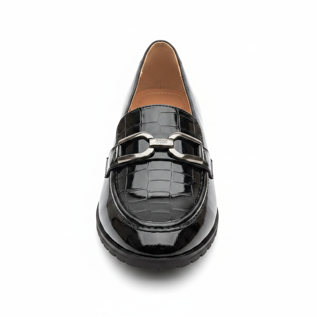 Layinka Store Black Croc Patent Bar-Buckle Loafers – Catalog Shot