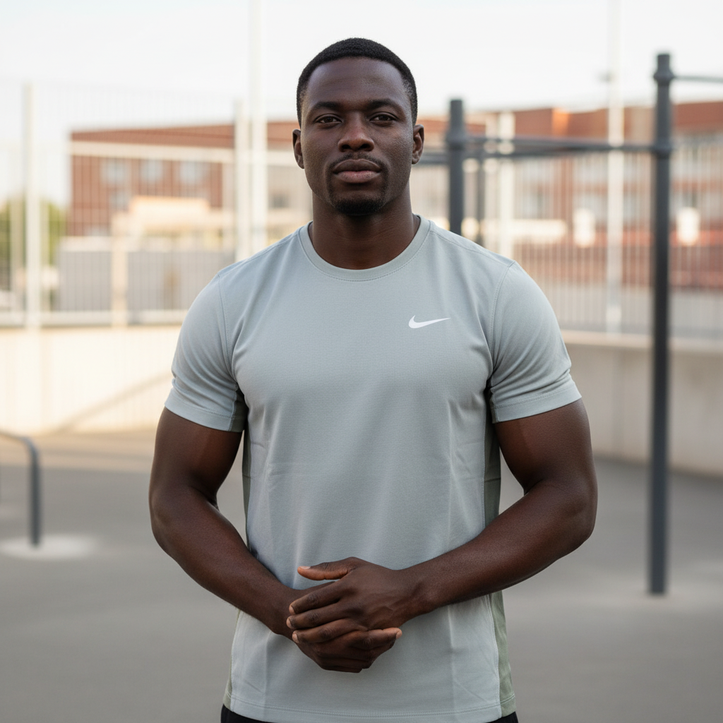 Black Nigerian male model wearing light grey side panel sport jersey