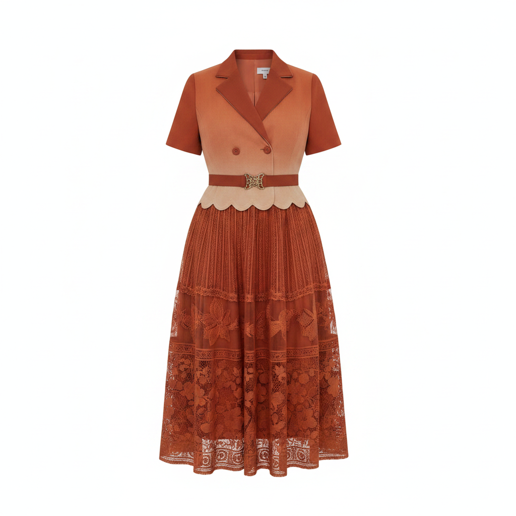 Women's Burnt Orange & Tan Blazer Bodice Embroidered Tiered Midi Gown - Ghost Mannequin Front