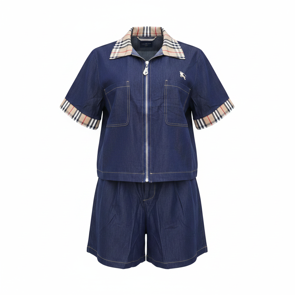 Navy denim short-sleeve zip-up jacket and shorts co-ord set ghost mannequin full outfit view