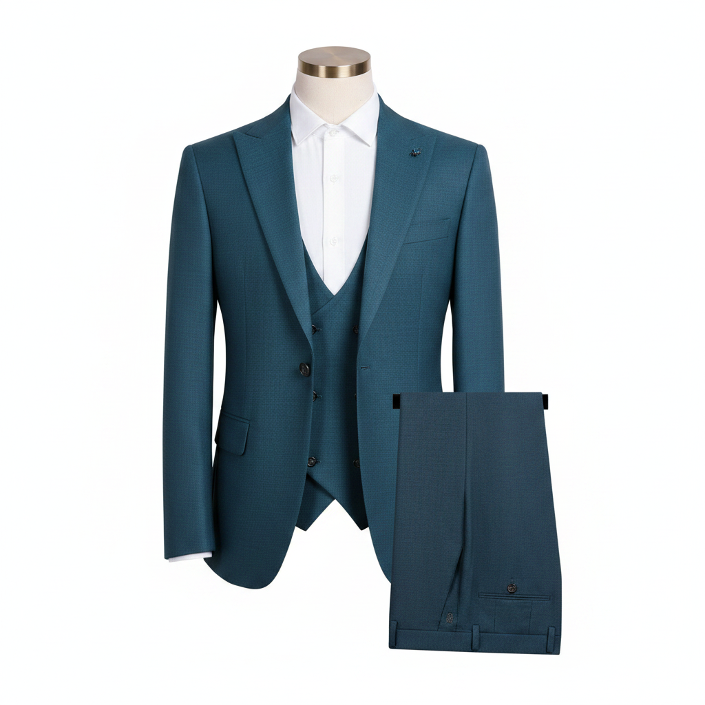 Ghost mannequin front view of teal navy blue textured blazer with notch lapels and double-breasted waistcoat