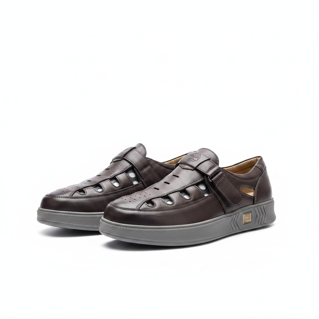 Men's charcoal pebbled leather ventilated velcro-strap slip-on shoes pair product shot