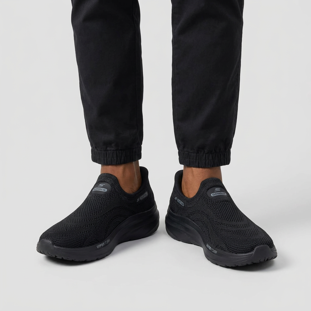 Man wearing black knit slip-on sneakers with chunky soles on a plain studio background