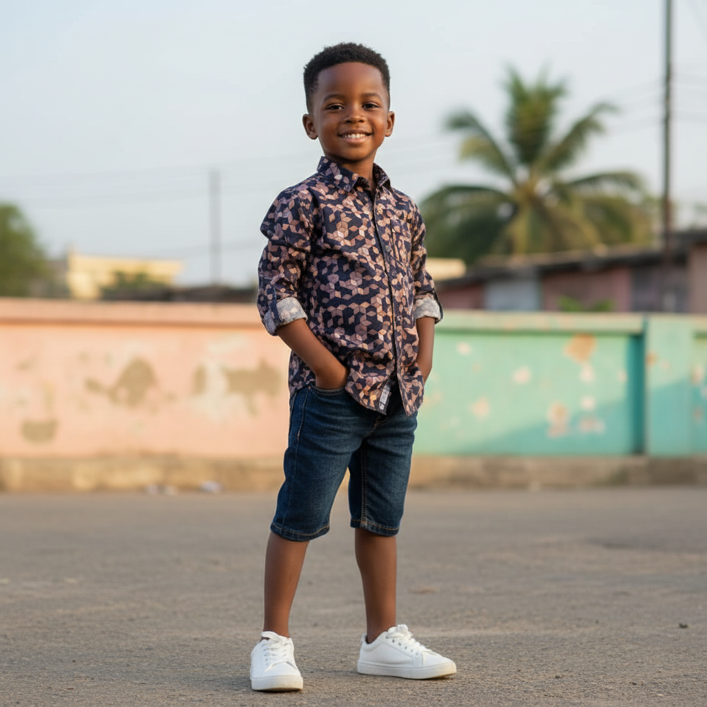 Young Nigerian boy wearing navy 3D cube geometric print long sleeve shirt