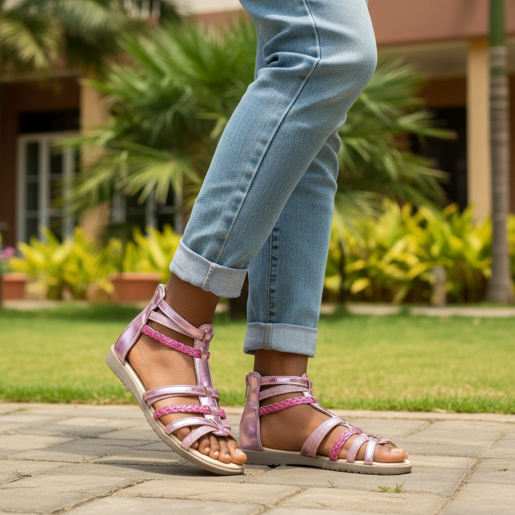 Nigerian female model wearing pink metallic gladiator sandals with braided rope straps