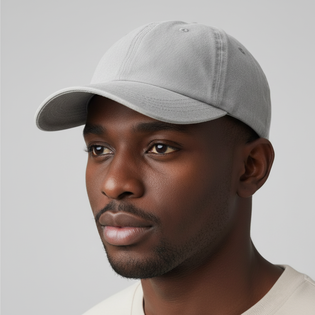 Nigerian male model wearing plain acid-washed light grey baseball cap
