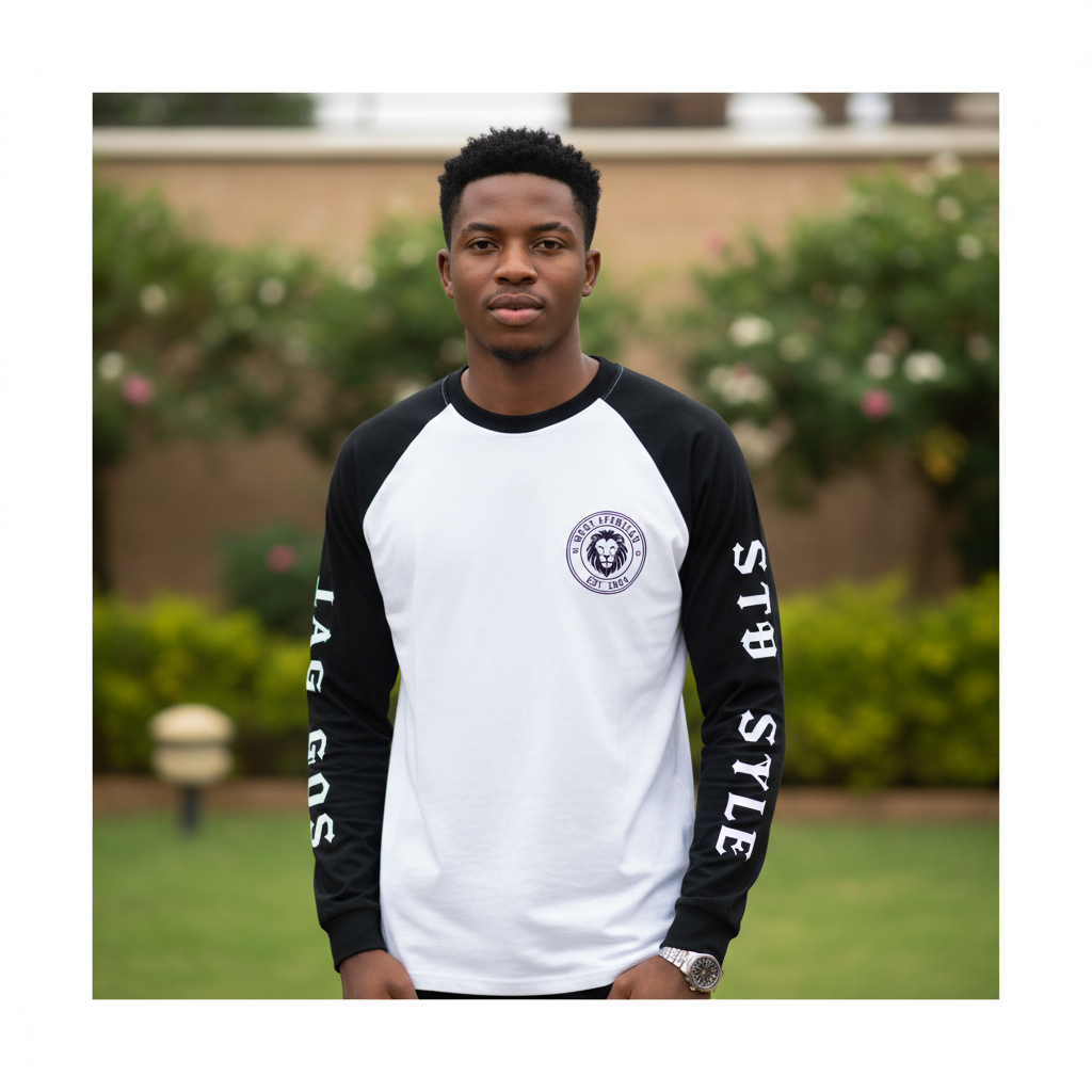 Nigerian male model wearing men's white black raglan gothic print long sleeve shirt
