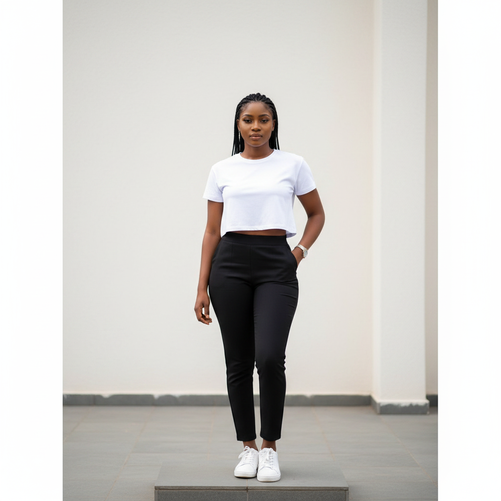 Women's Plain Crew-Neck Crop Tee - Nigerian Female Model