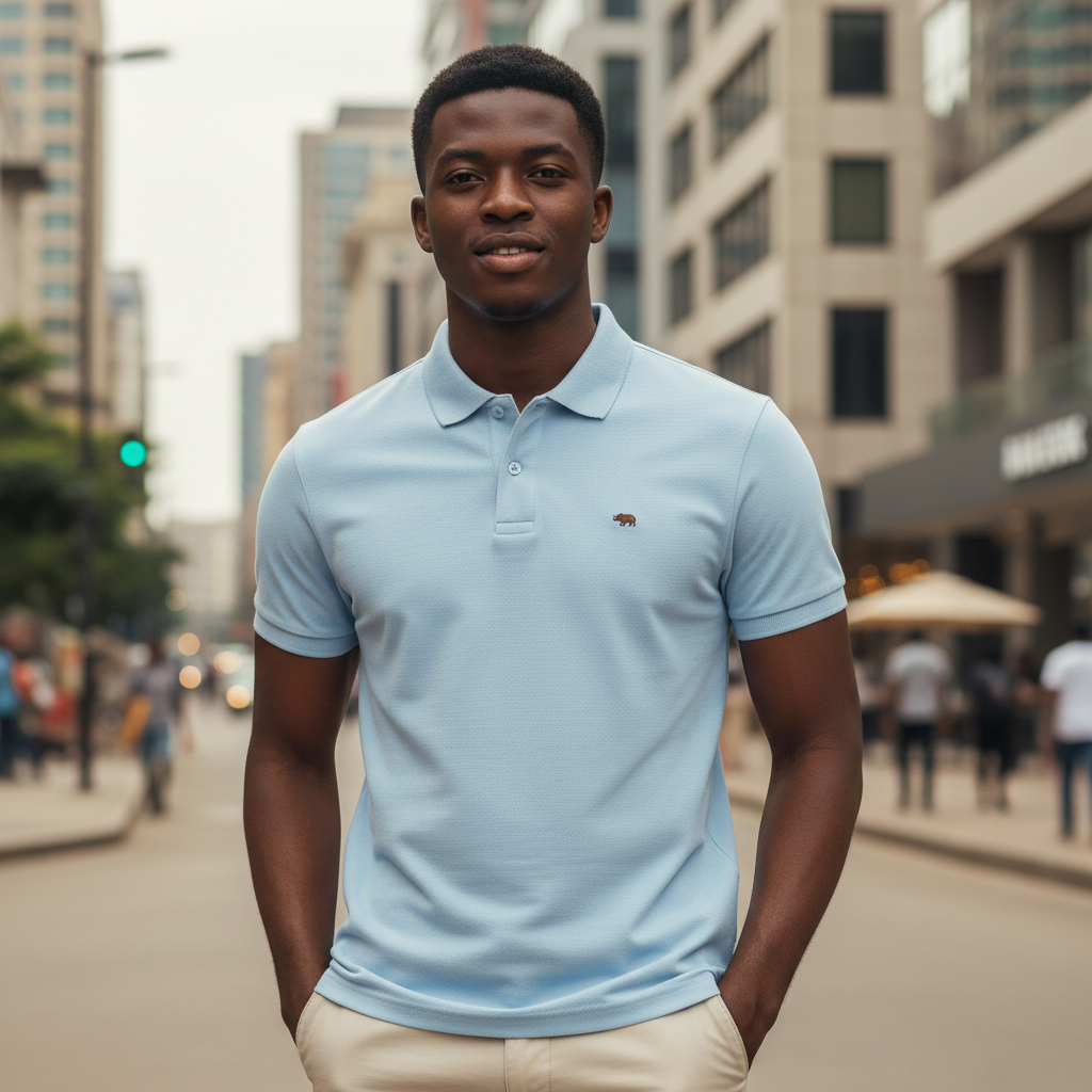Young Nigerian male model wearing sky blue classic pique polo shirt