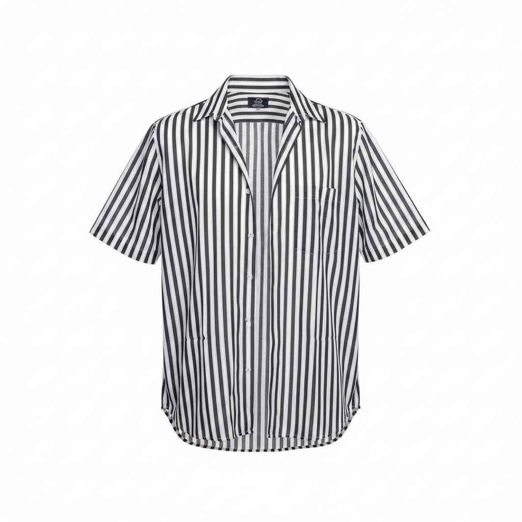 Ghost mannequin of black and white striped short-sleeved shirt