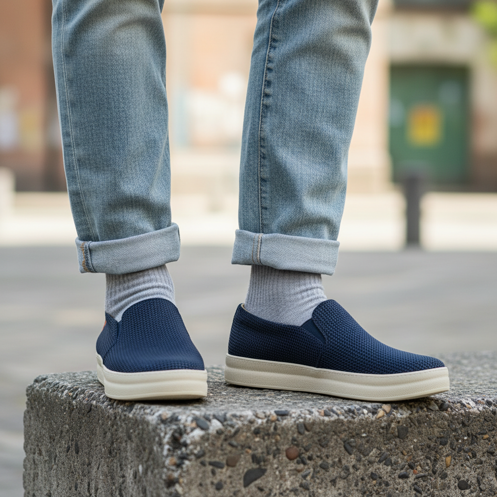Model wearing navy blue woven knit slip-on casual sneakers with cream sole leg shot