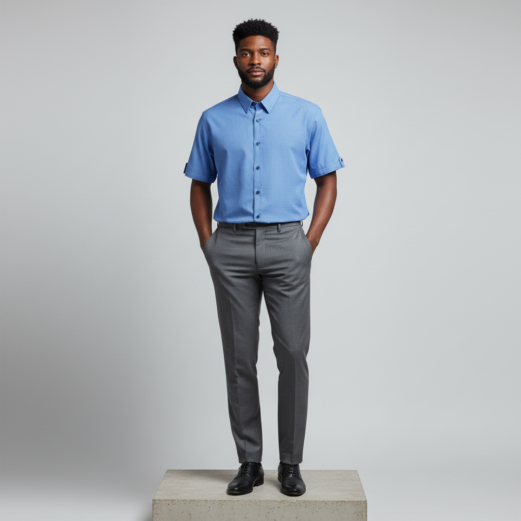 Royal Blue Micro-Check Short-Sleeved Shirt - Model Shot