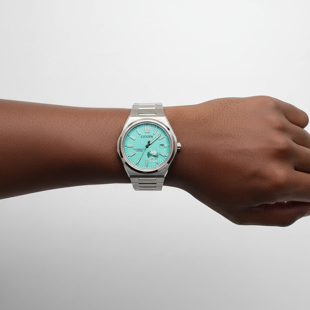 Nigerian male model wrist shot side-facing wearing mint turquoise dial automatic titanium watch