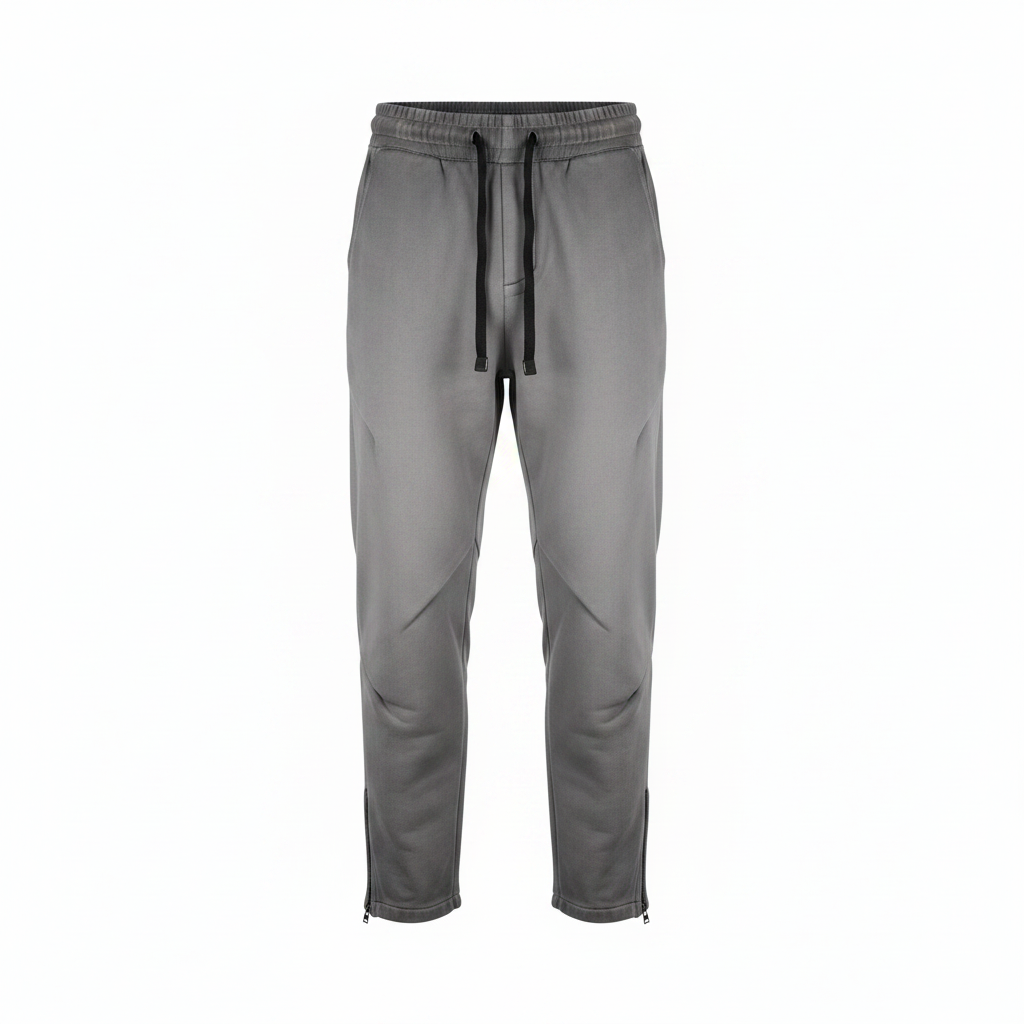 Men's grey tapered jogger pants ghost mannequin front view white background