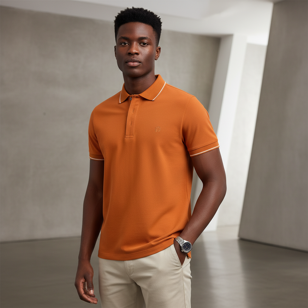 Young Nigerian male model wearing burnt orange tipped polo shirt