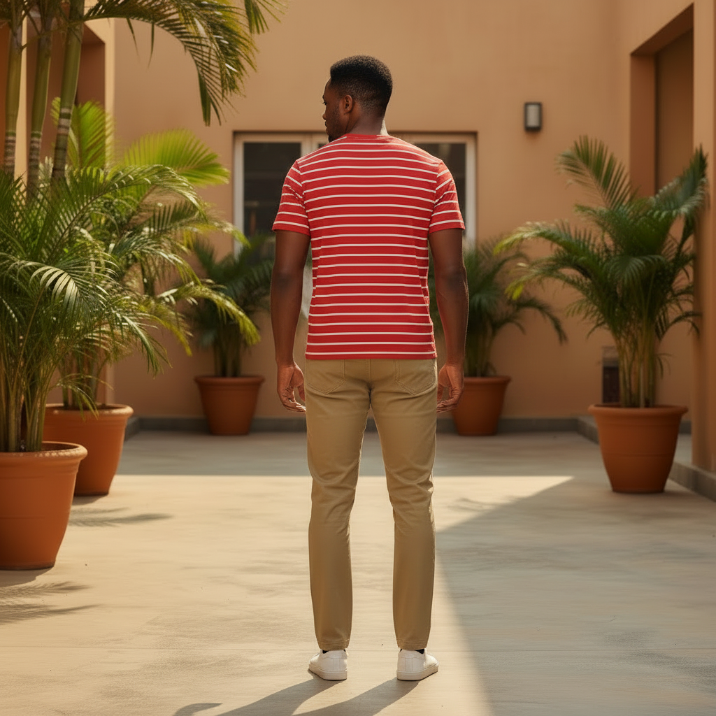Nigerian male model wearing red horizontal stripe tee, back view