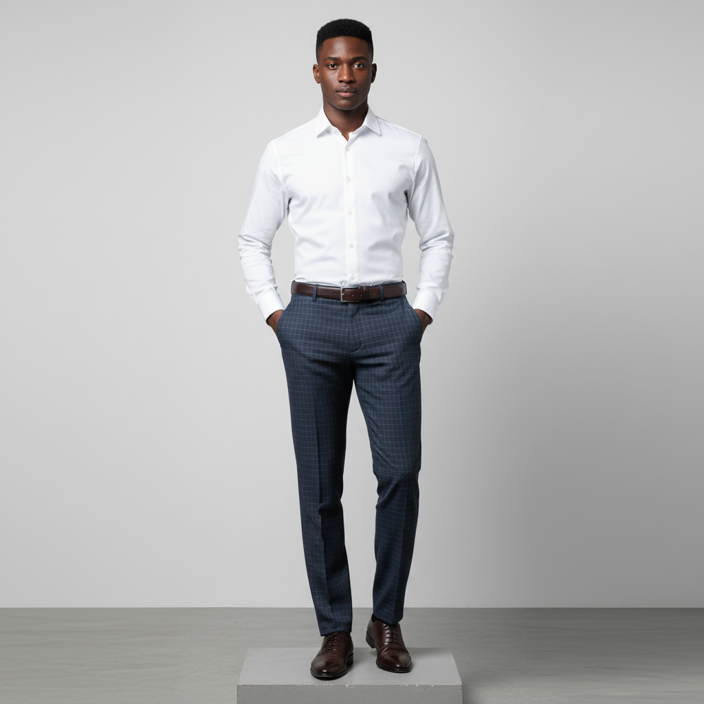 Navy Windowpane Check Trousers – Front Model