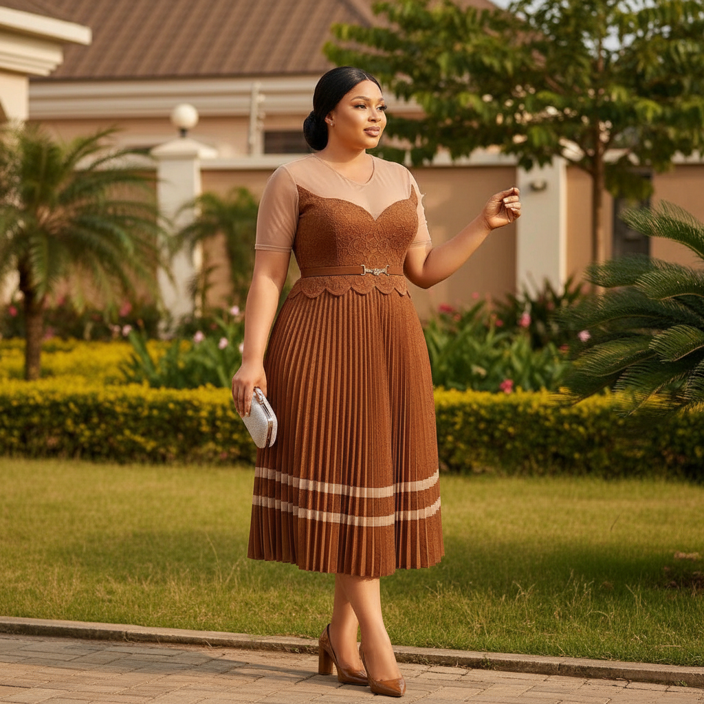 Women's caramel brown illusion sweetheart pleated midi gown – Nigerian model lifestyle shot