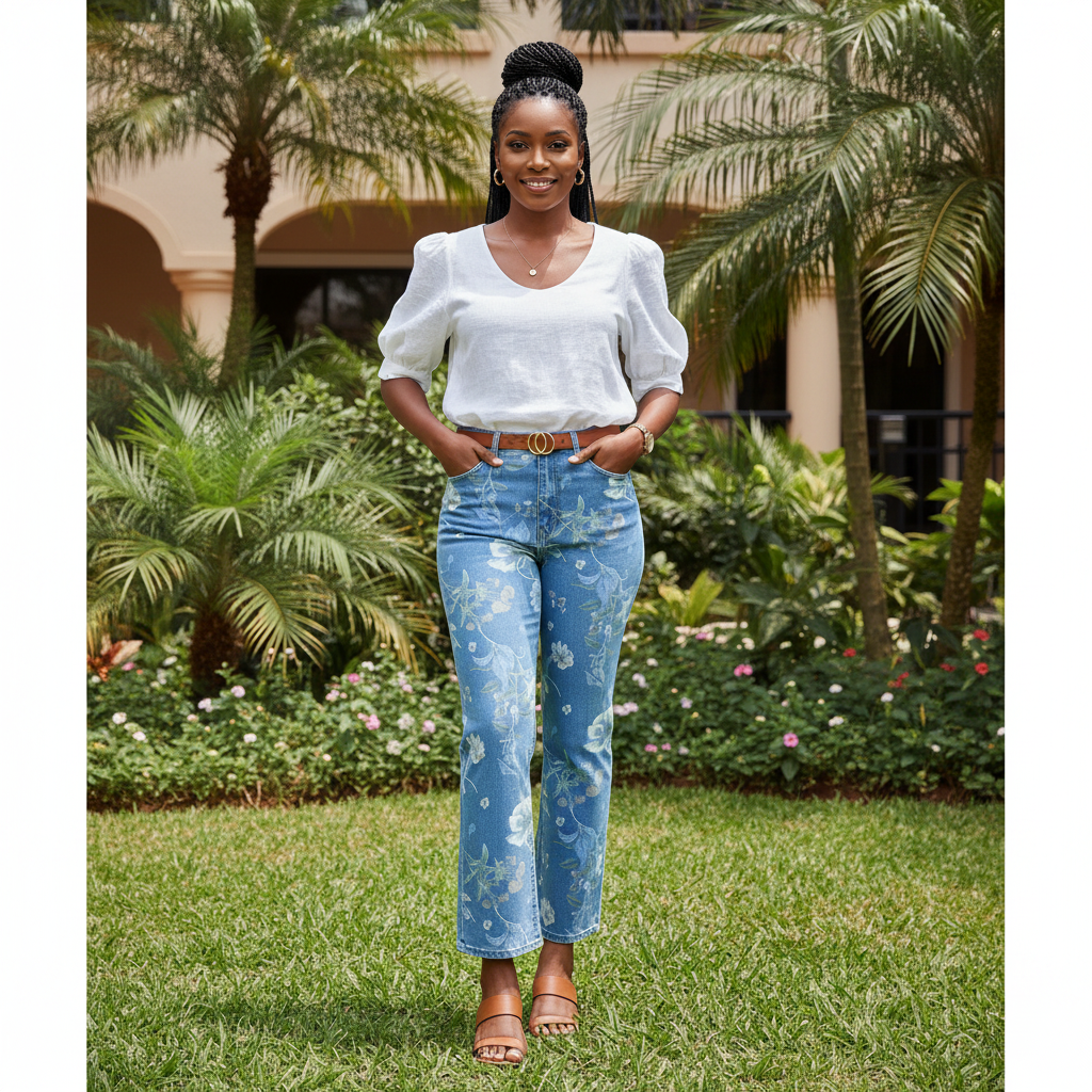 Front view - Blue Floral Print Straight Crop Jeans
