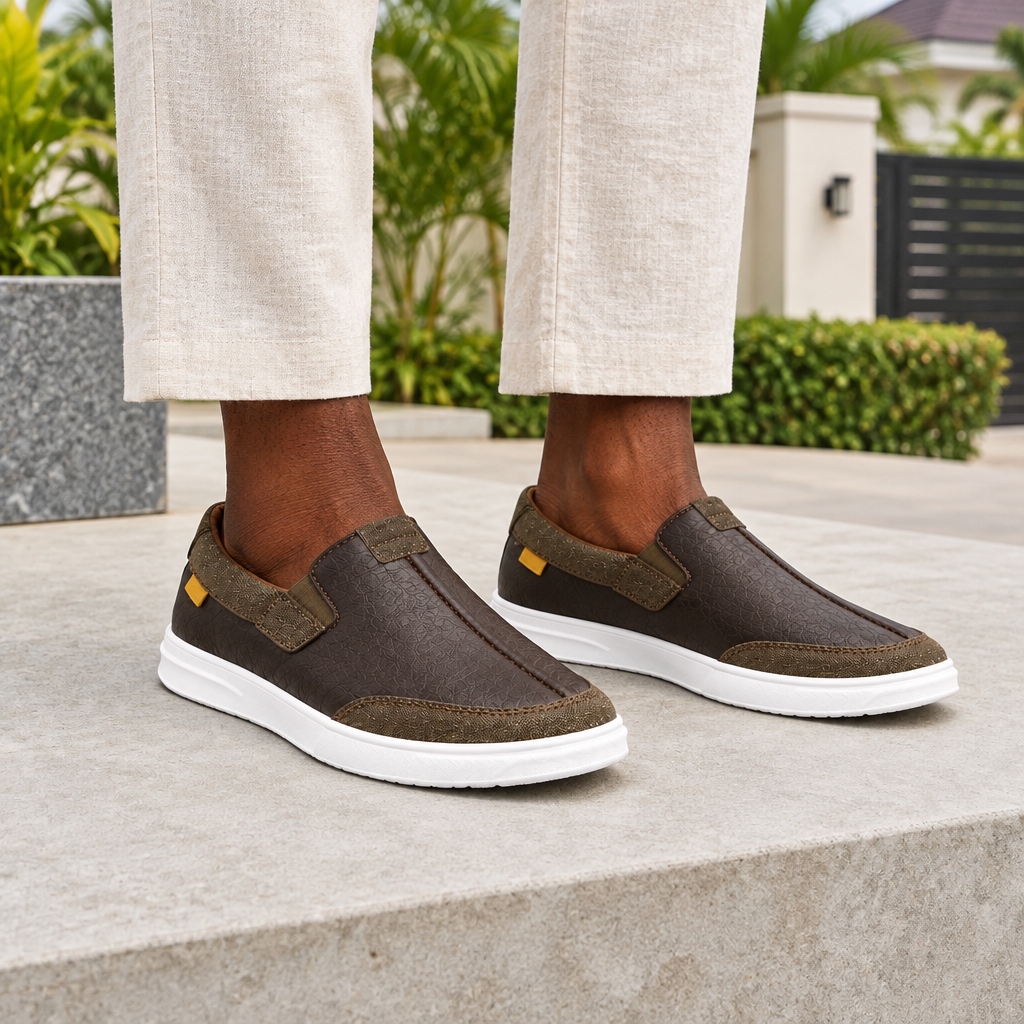 Man wearing dark brown textile toe slip-on sneakers with cream linen trousers