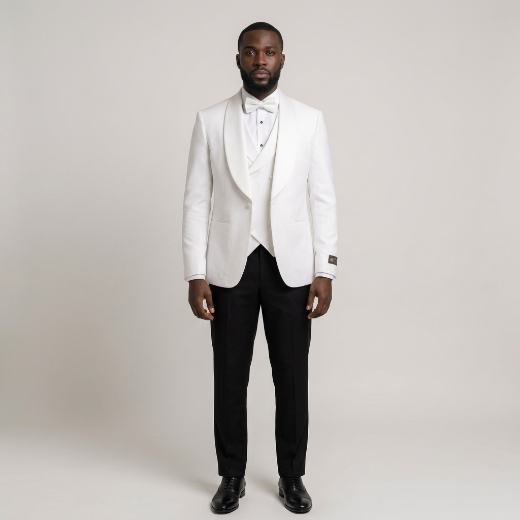 Full-body Black adult model wearing a white shawl-collar suit jacket with black trousers and black formal shoes