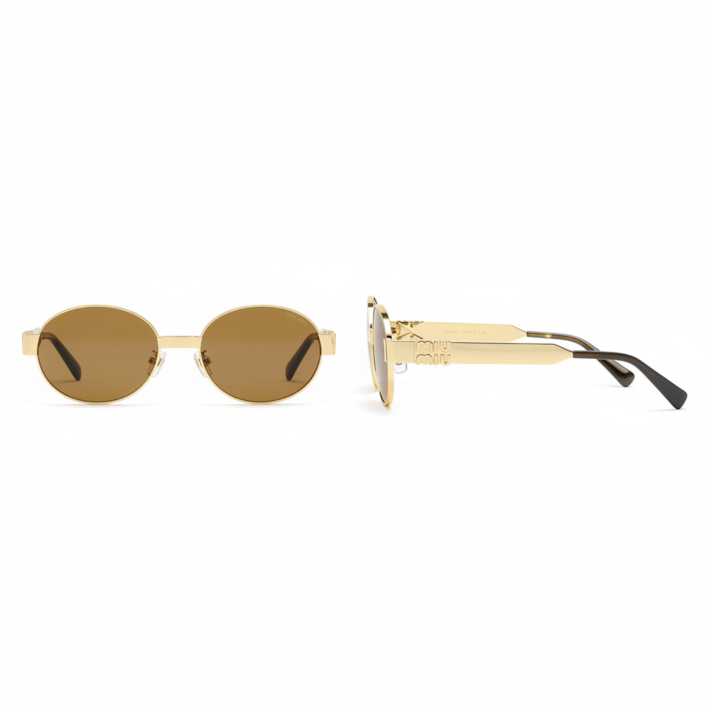 Women's round oval sunglasses slim gold metal frame solid brown amber lens chunky gold logo letter temple hardware – front and side view