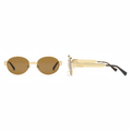 Women's round oval sunglasses slim gold metal frame solid brown amber lens chunky gold logo letter temple hardware – front and side view