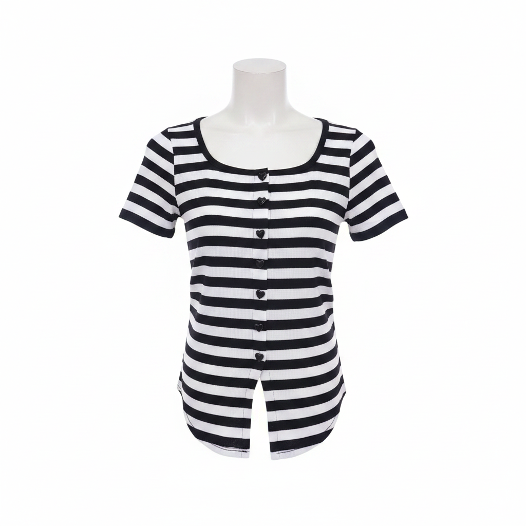 White & Black Striped Button-Front Top - Ghost Mannequin Front
