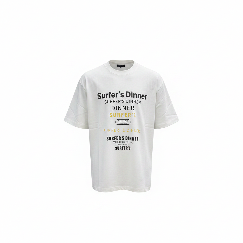 Unisex white black and gold stacked text graphic tee – ghost mannequin front view