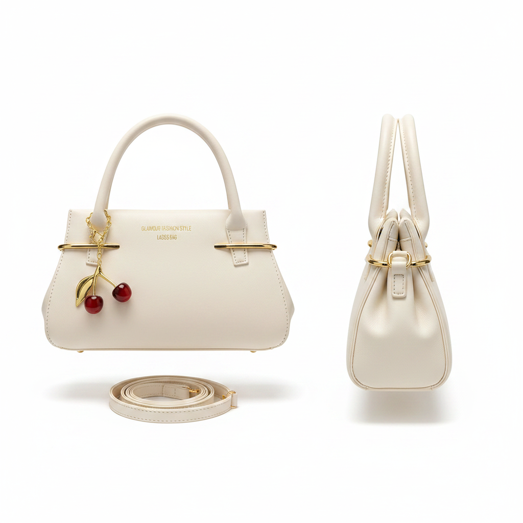 Cream off-white leather mini handbag ghost mannequin front and side view with red cherry charm and crossbody strap