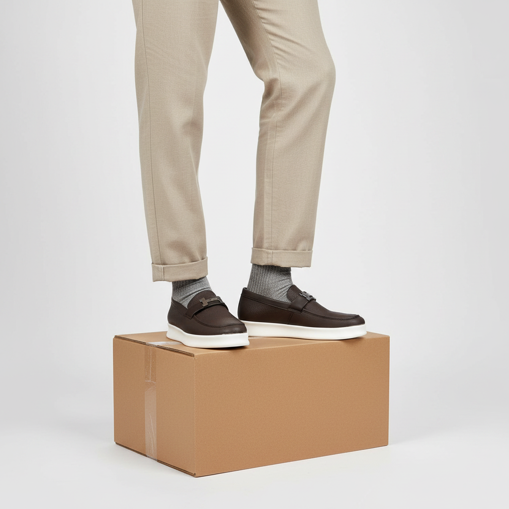 Nigerian male model wearing men's slip-on sneakers, both feet visible