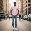 Young Nigerian male model wearing a pink striped polo shirt on a city street