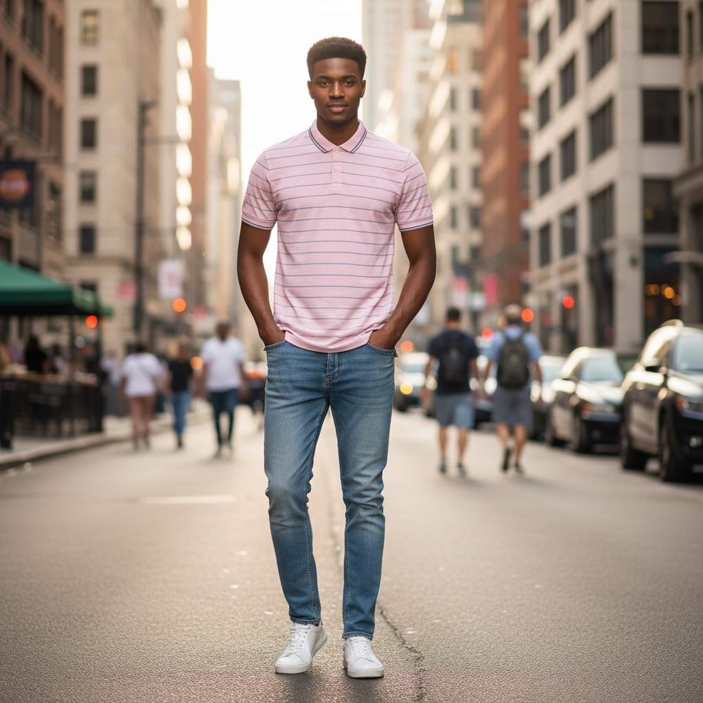 Young Nigerian male model wearing a pink striped polo shirt on a city street