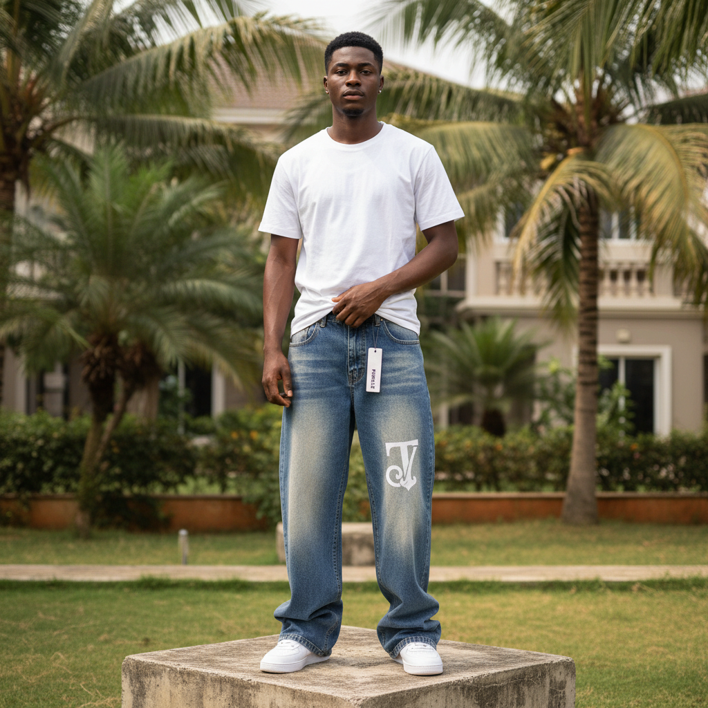 Nigerian male model full body wearing men's wide-leg blue graphic denim jeans