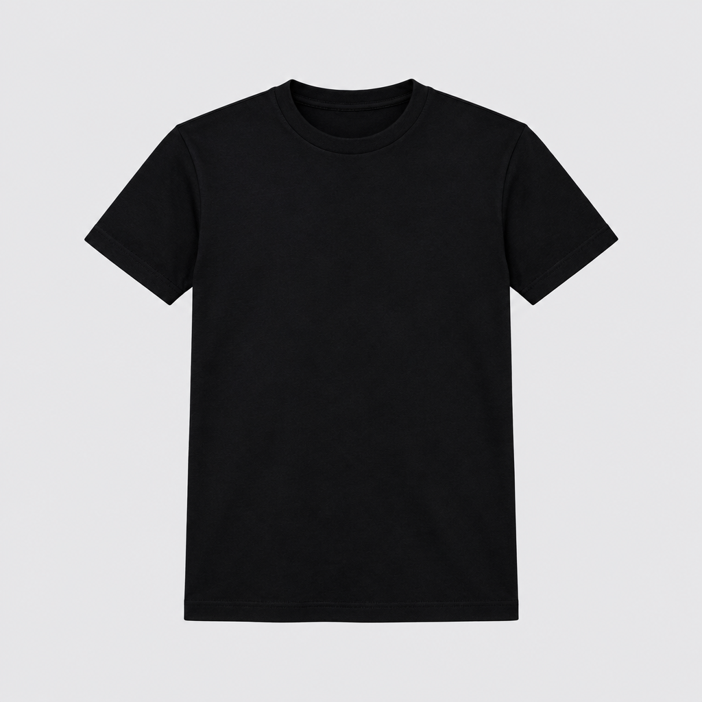 Ghost mannequin view of a black basic T-shirt
