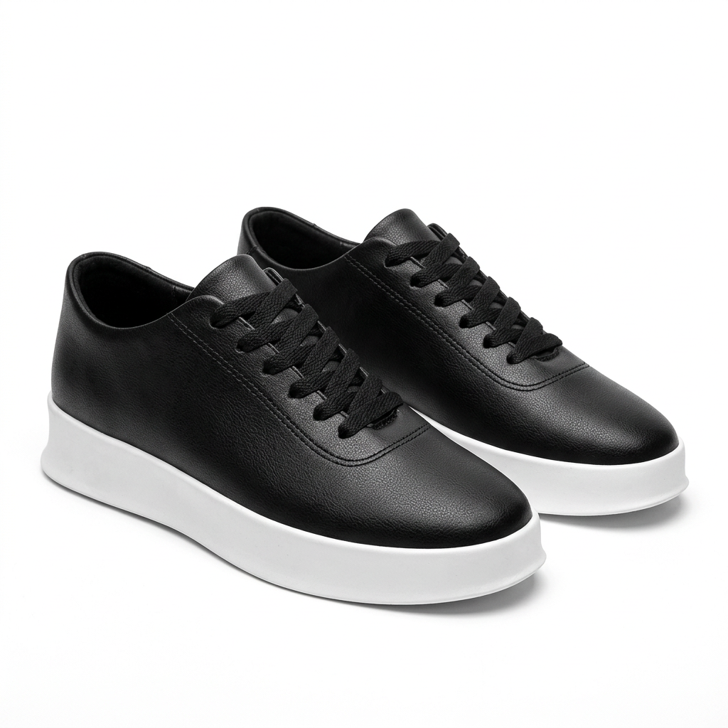Pair of black lace-up white-sole sneakers on white, without heel tabs